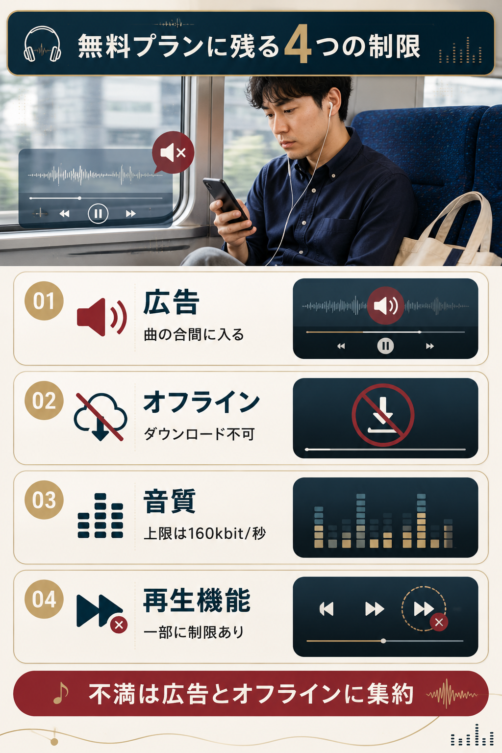 無料プランに残る広告・オフライン・音質・再生機能の制限図
