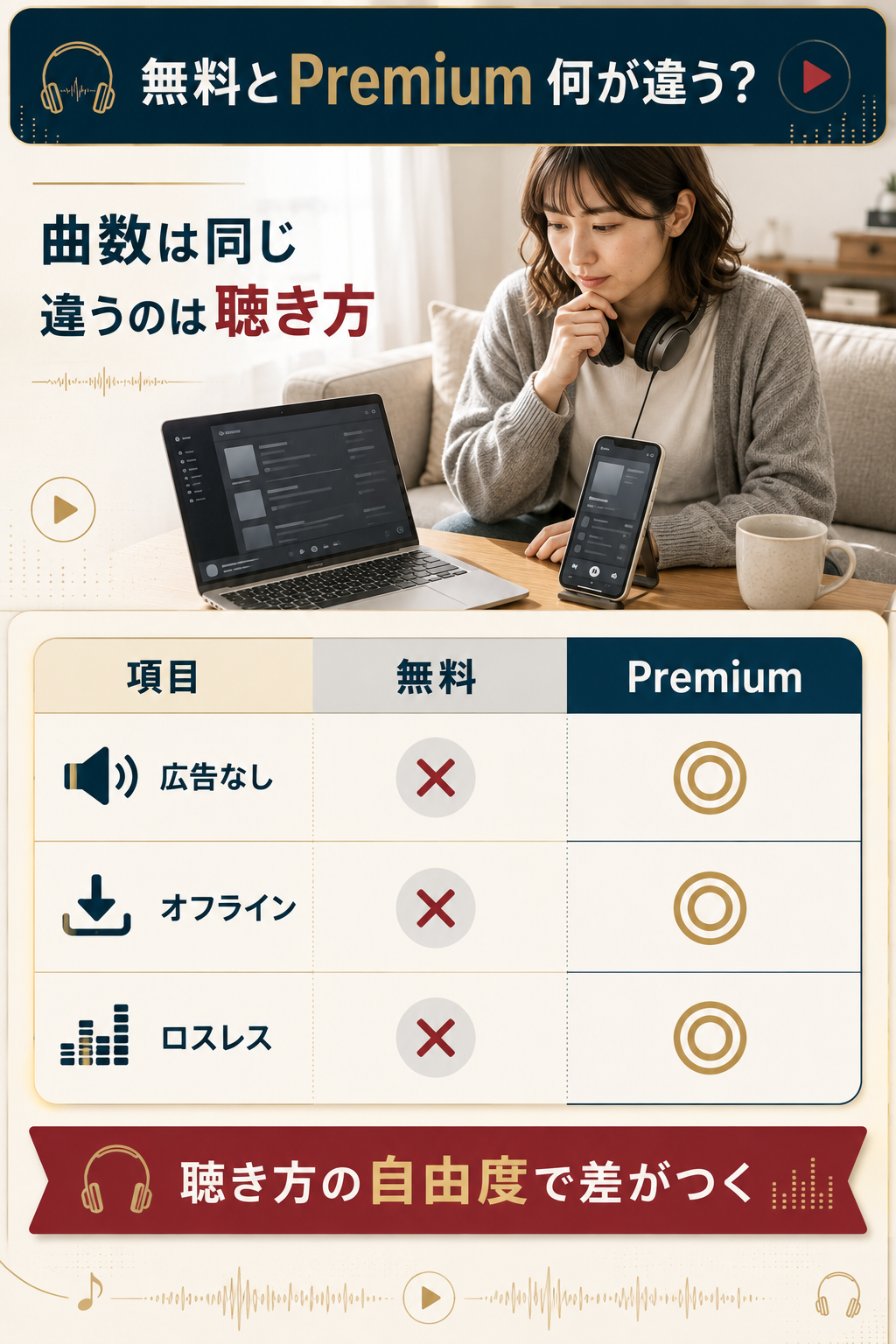 無料プランとPremiumの違いを3つの項目で比較した図