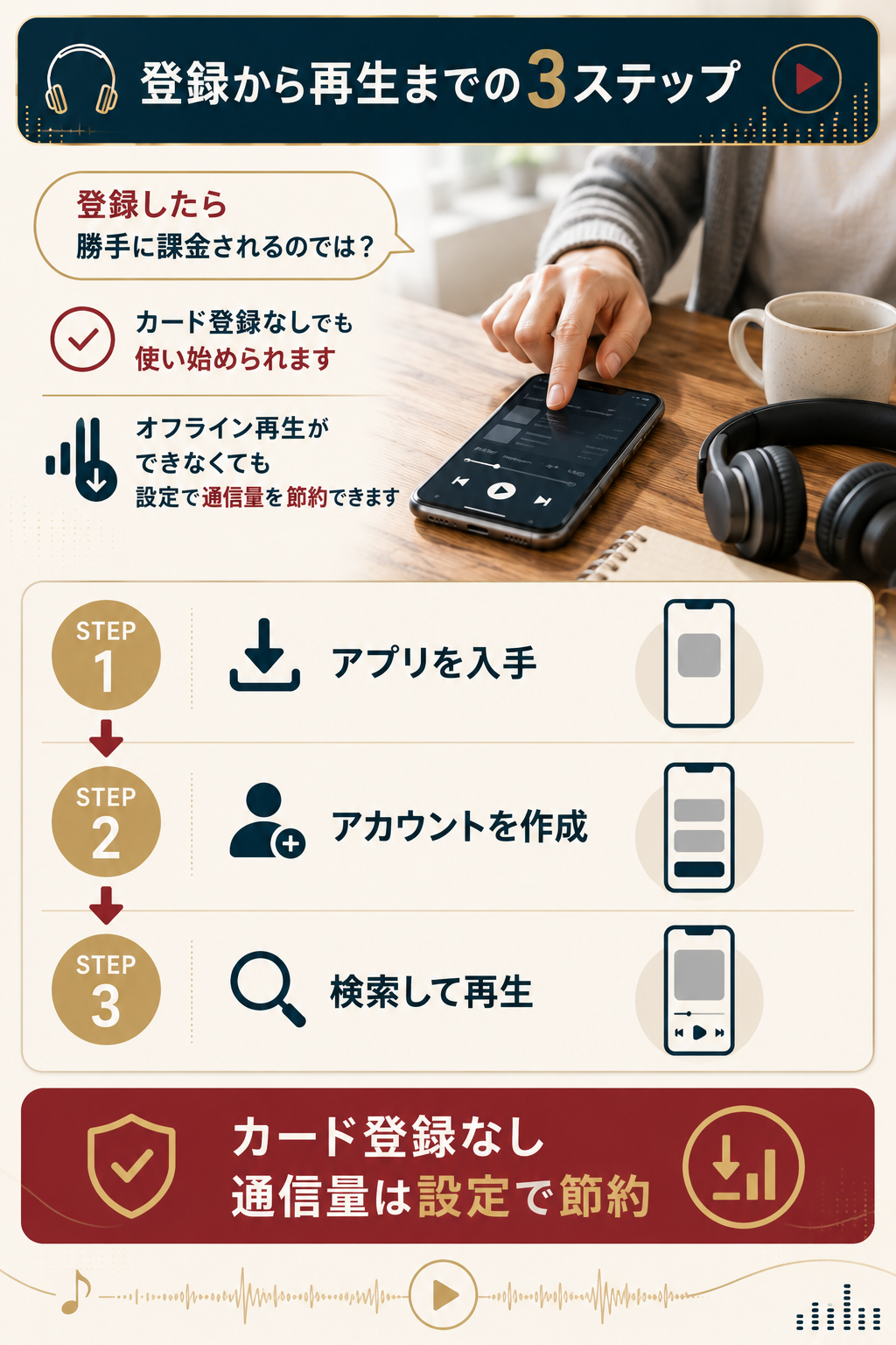 無料プランの登録から再生までの3ステップを示した図