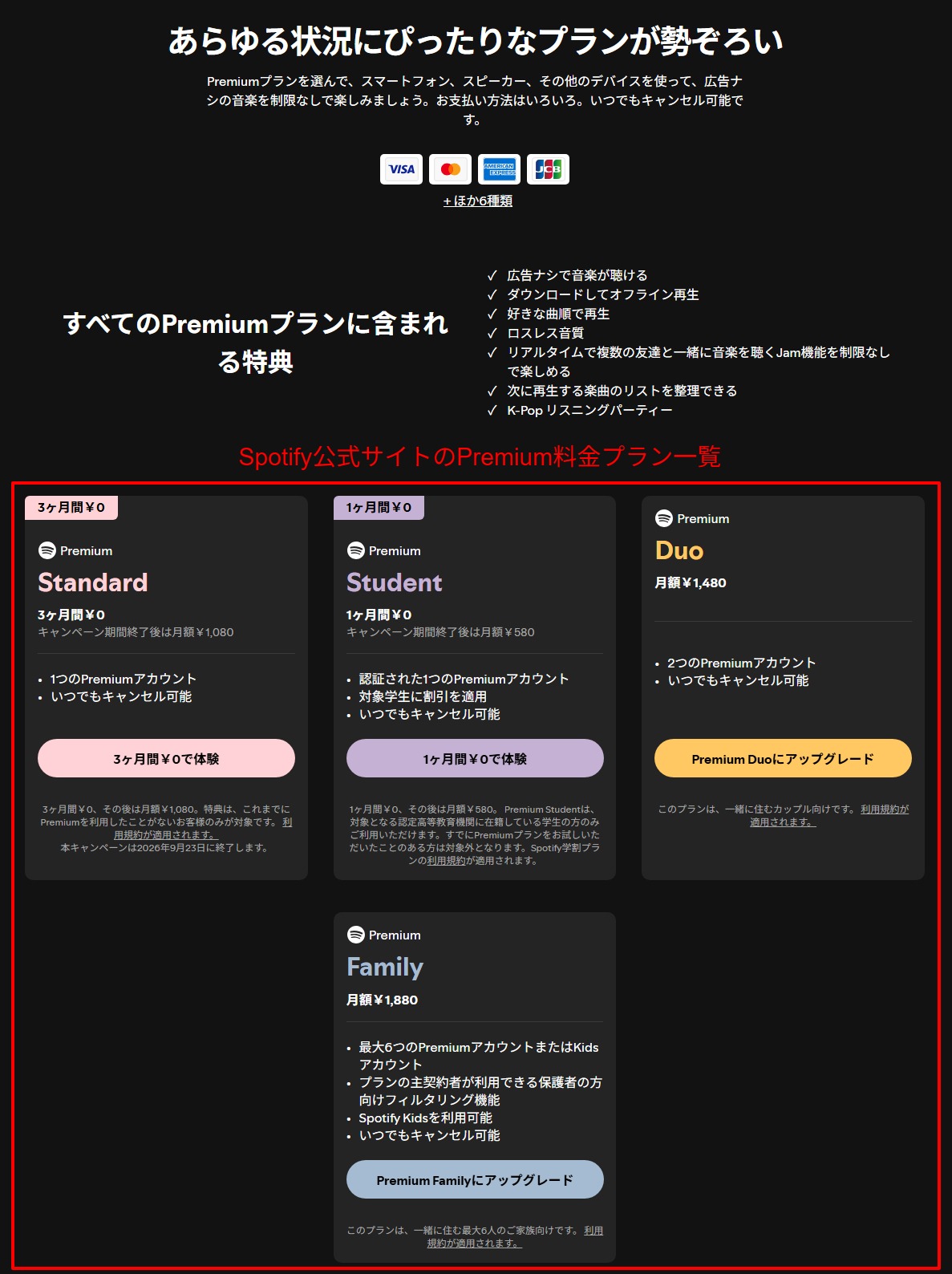 Spotify公式サイトのPremium料金プラン一覧のスクリーンショット