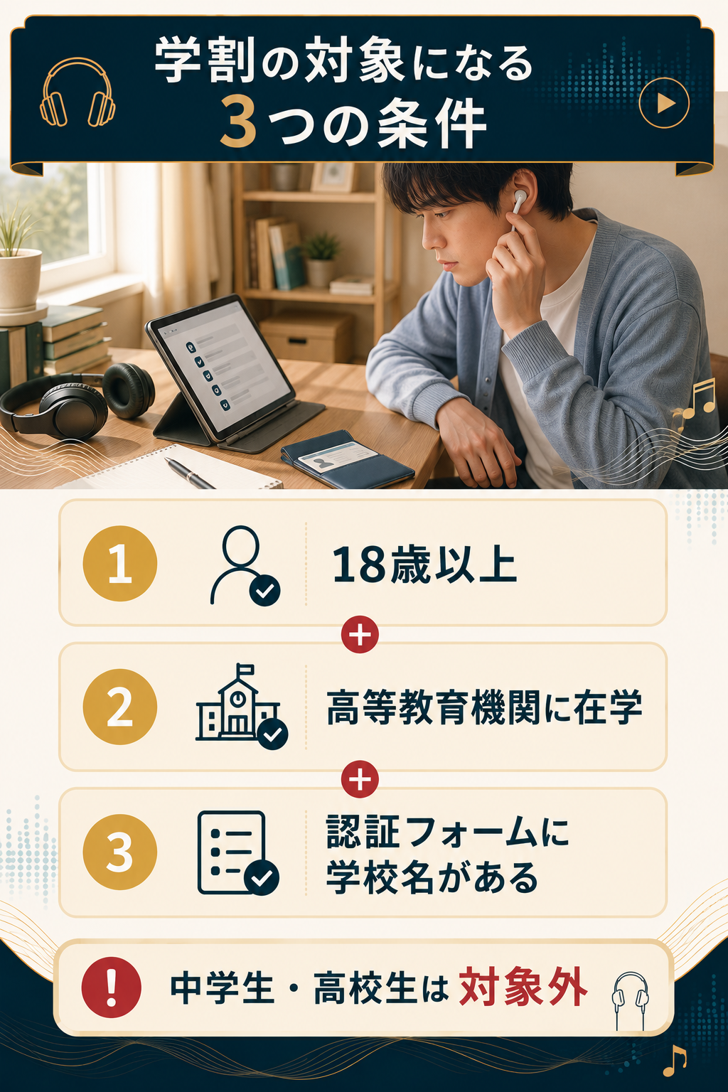 学割の対象になる3つの条件を整理した図解