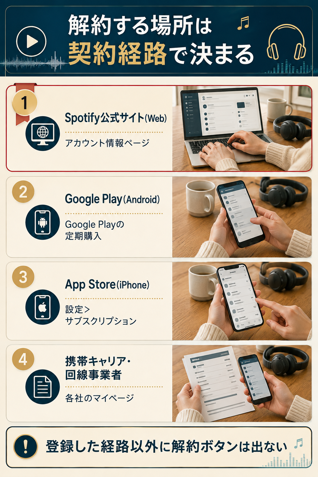Spotifyの4つの契約経路と解約する場所の対応を整理した図解