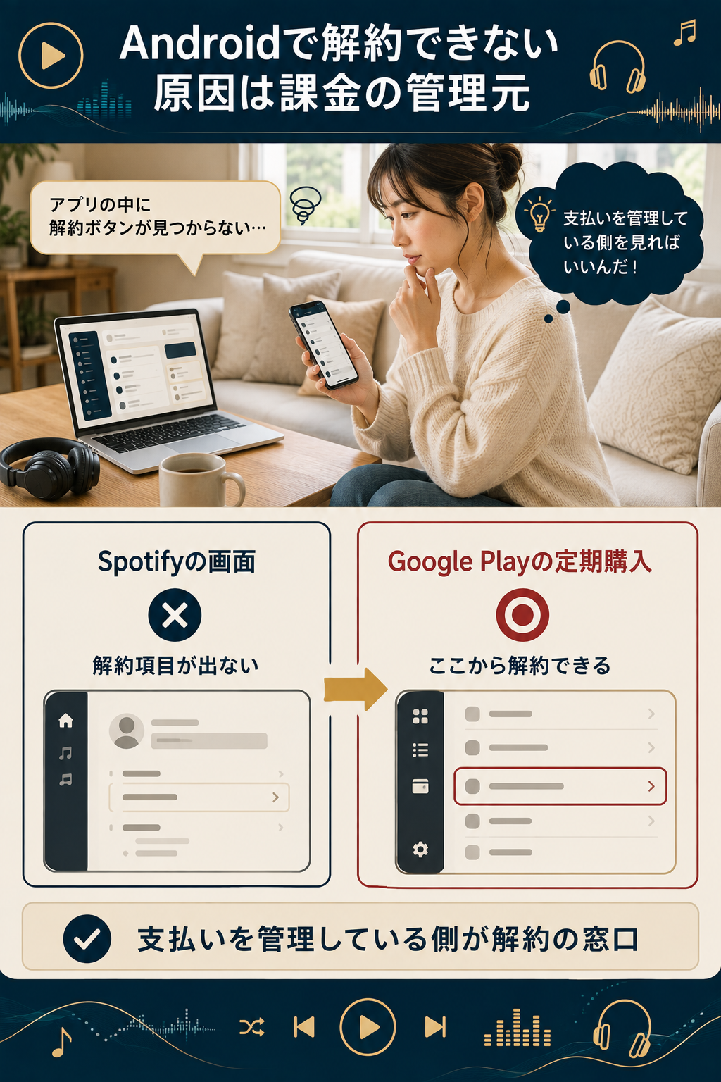 AndroidでSpotifyを解約できない原因と対処先を示す対比図解