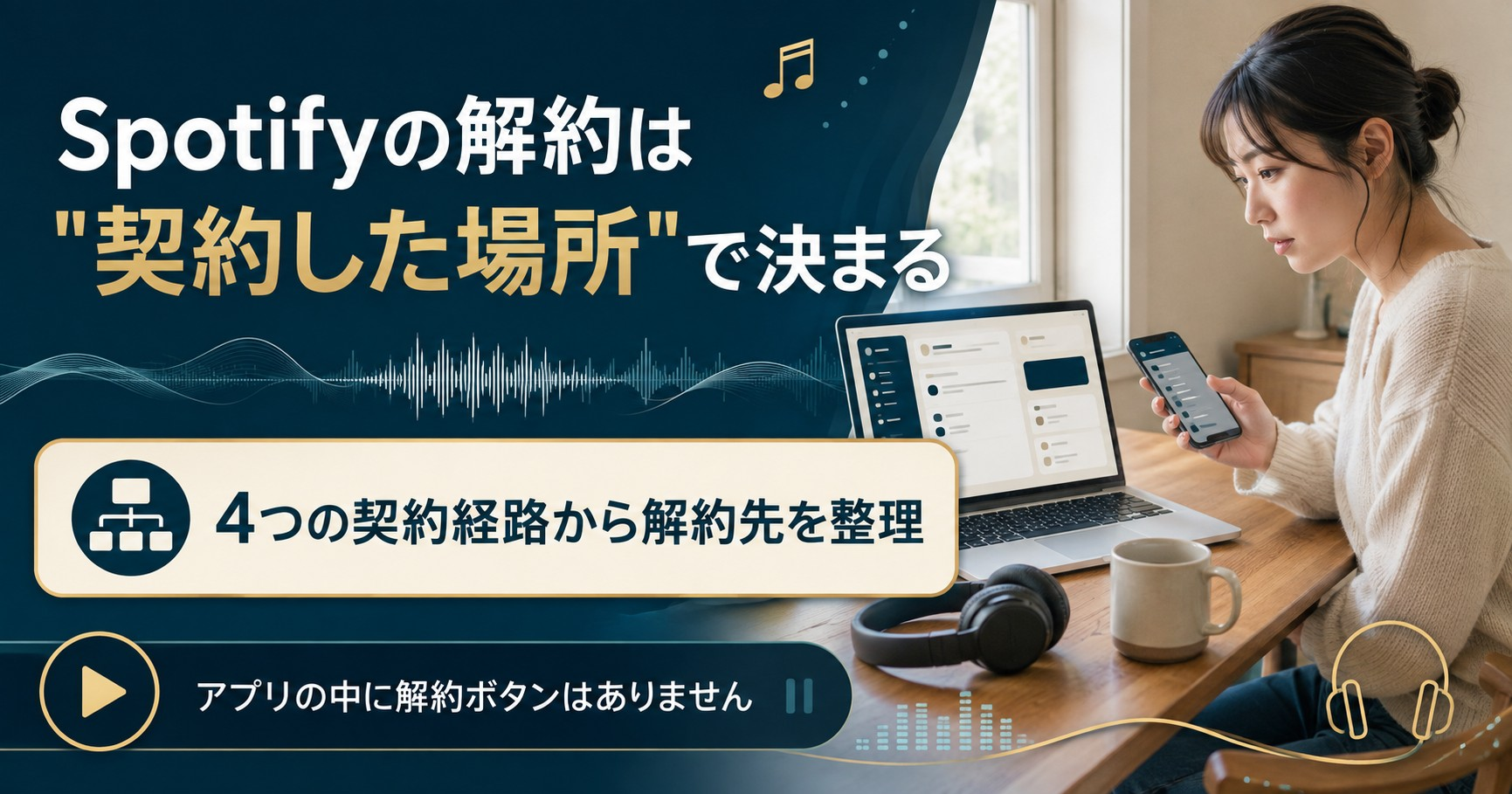 Spotifyの解約先は契約経路で決まることを示すアイキャッチ図解