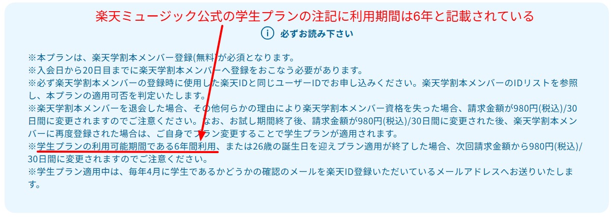 楽天ミュージック公式サイトの学生プランの適用条件を示した画面