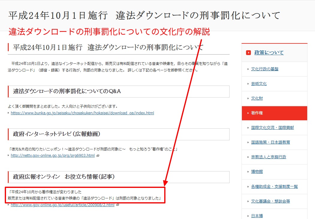 文化庁の違法ダウンロード刑事罰化に関する解説ページの該当箇所