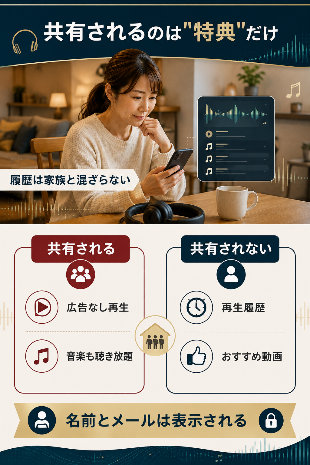 ファミリープランで共有される特典と共有されない項目の図